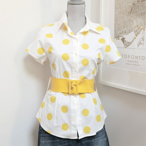 NWD Yellow Polka Dot Belted Button Up Blouse - Picture 1 of 5